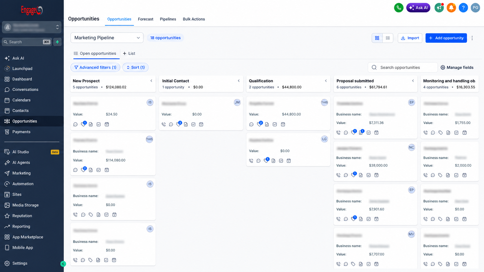 Engage366 sales pipeline management interface