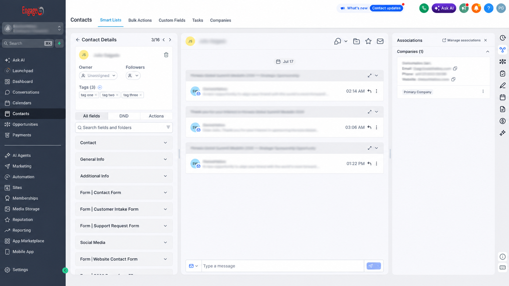 Engage366 contact profile and customer conversation view